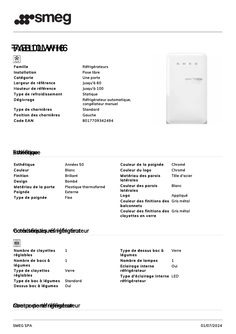 Page 1 de la notice Fiche technique Smeg FAB10LWH6