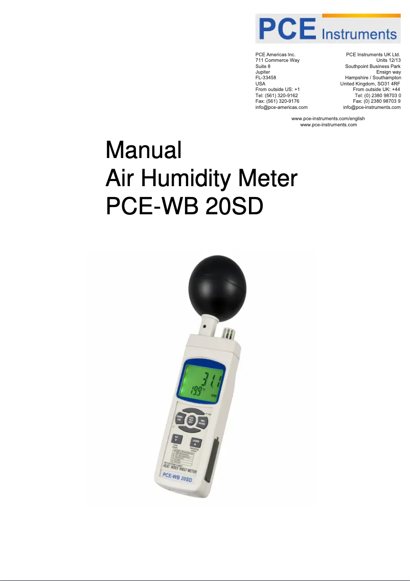 Page 1 de la notice Manuel utilisateur PCE Instruments PCE-WB 20SD