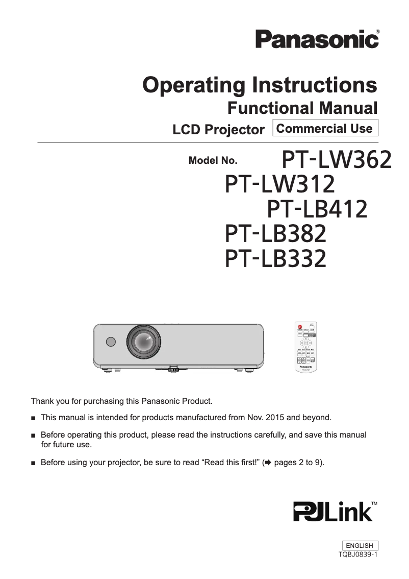 Page 1 of the manual User Manual Panasonic PT-LW312