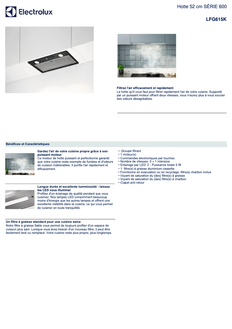 Page 1 de la notice Fiche technique Electrolux LFG615K