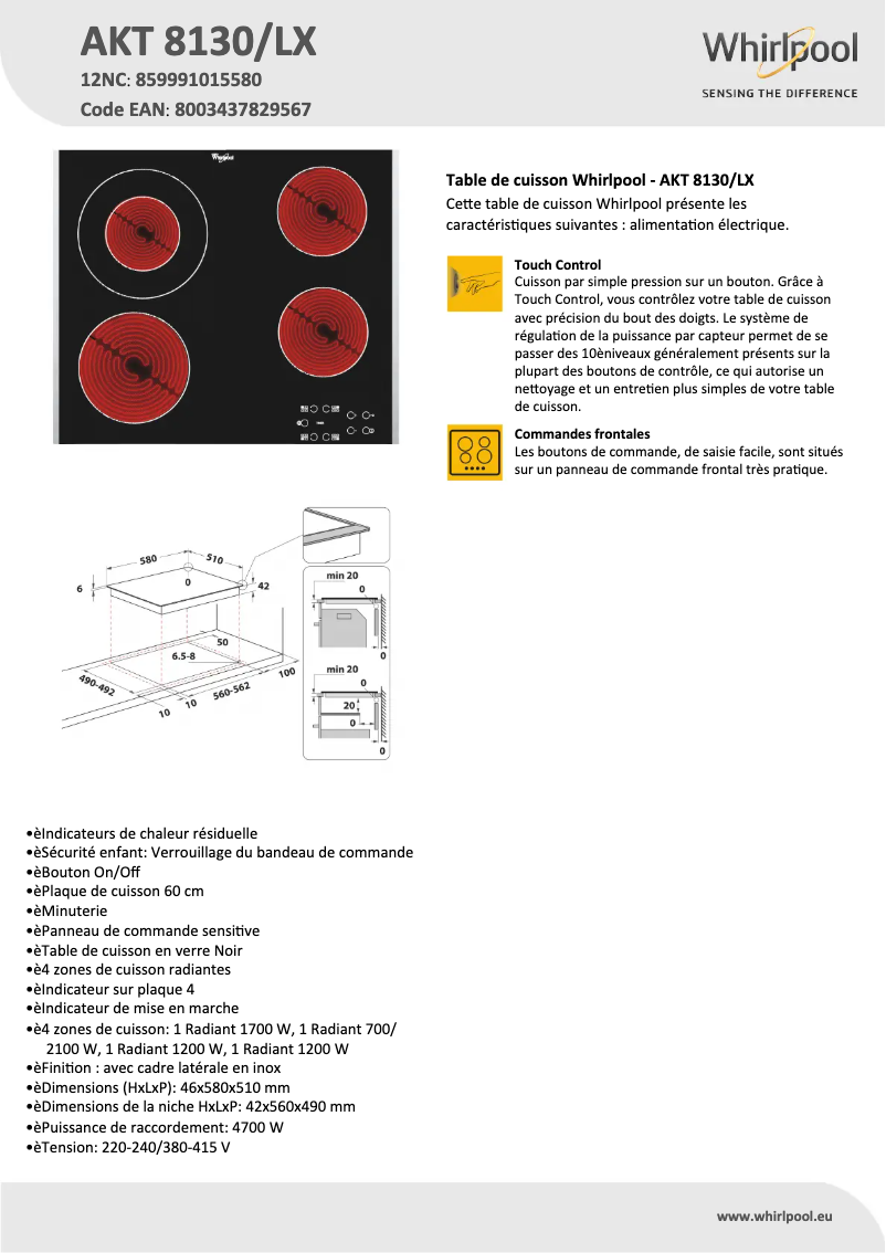 Page 1 de la notice Fiche technique Whirlpool AKT 8130/LX