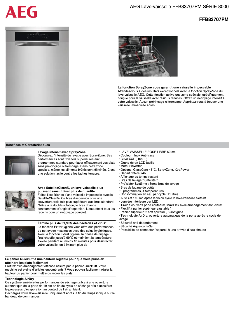 Page 1 de la notice Fiche technique AEG FFB83707PM