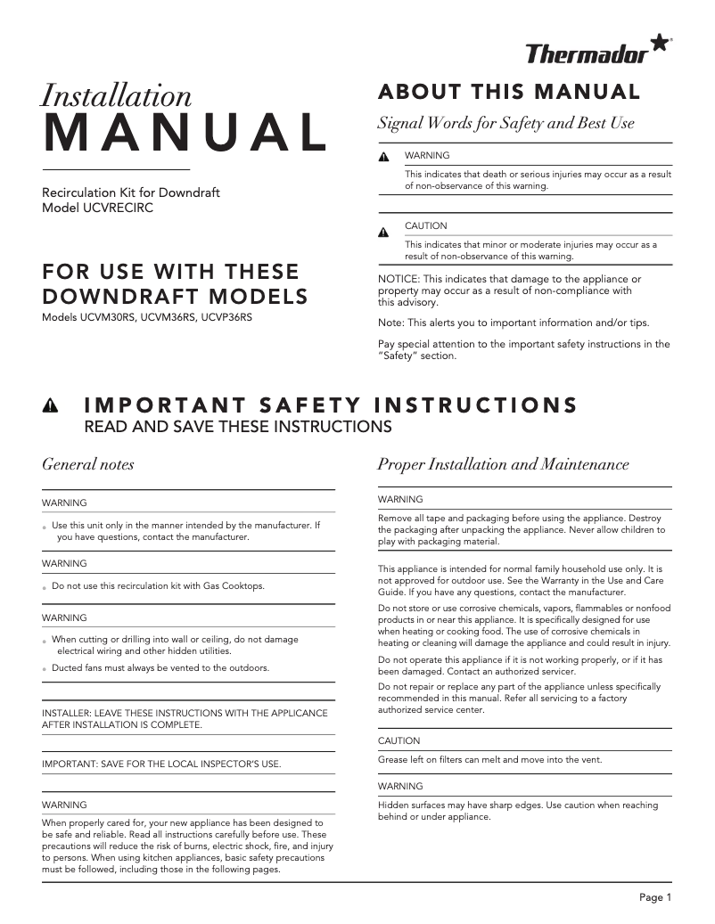 Page 1 de la notice Guide d'installation Thermador UCVRECIRC