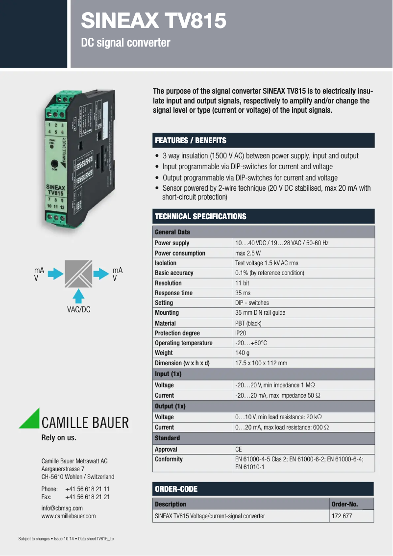 Page 1 de la notice Fiche technique Gossen Metrawatt SINEAX TV815