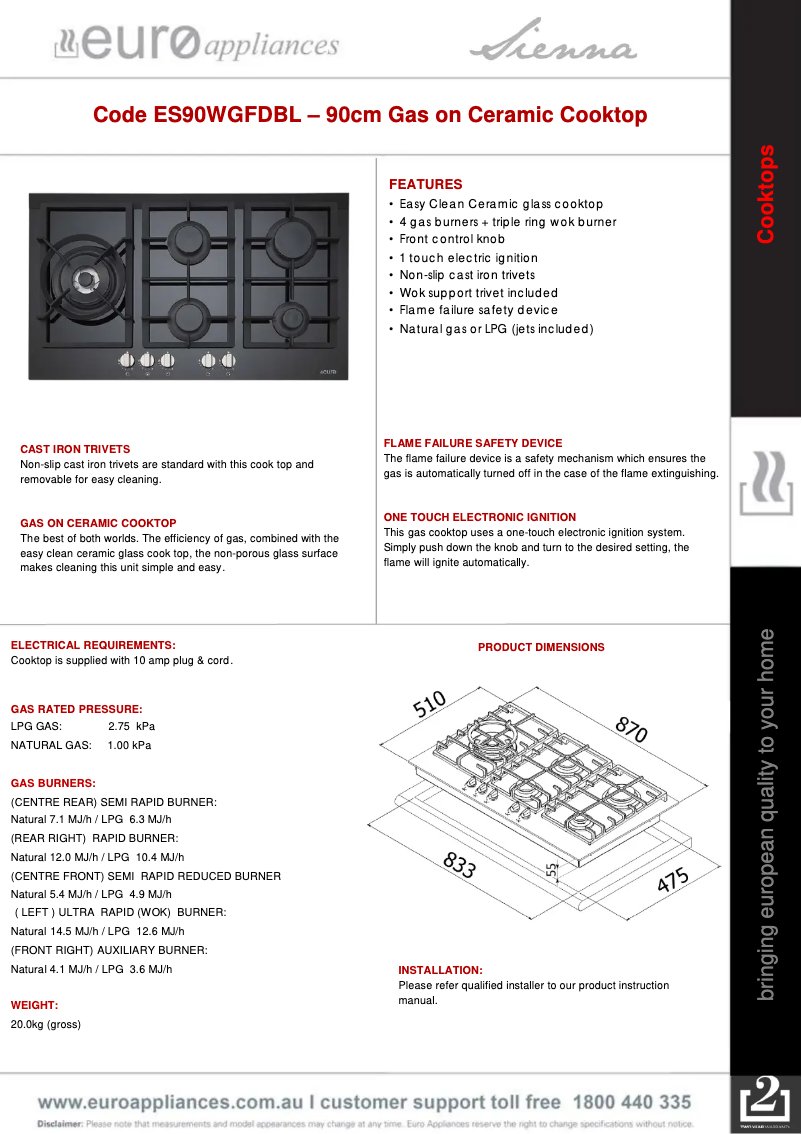 Page n°1 - Fiche technique Euro Appliances ES90WGFDBL