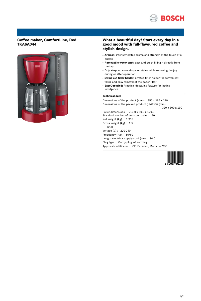 Page 1 de la notice Fiche technique Bosch ComfortLine TKA6A044