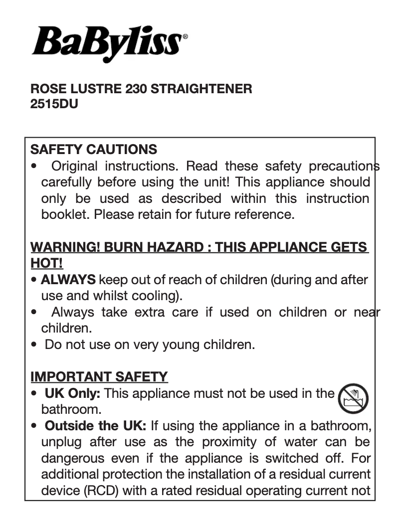 Page 1 de la notice Manuel utilisateur BaByliss Rose Lustre 230 2515DU