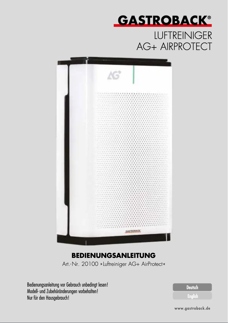 Image de la première page du manuel de l'appareil AG+ AirProtect 20100