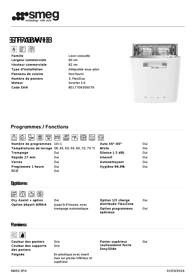 Page n°1 - Fiche technique Smeg STFABWH3