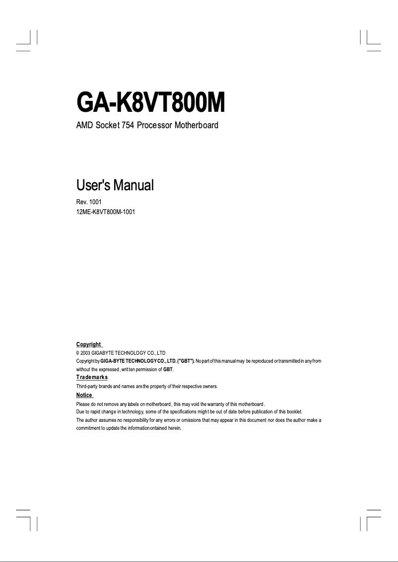 Page 1 de la notice Manuel utilisateur Gigabyte GA-K8VT800M