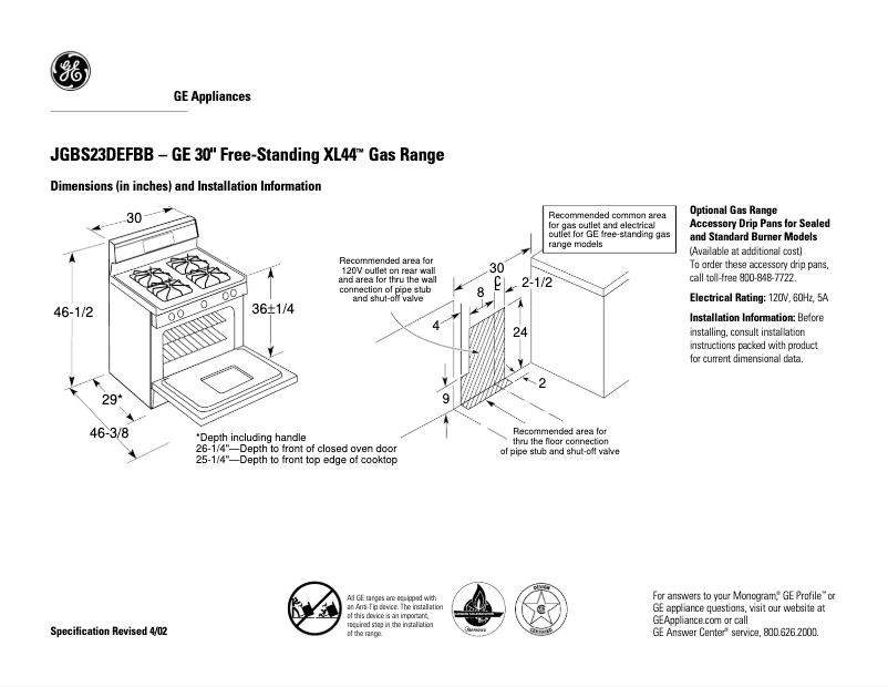 Page n°1 - Fiche technique GE JGBS23DEFBB