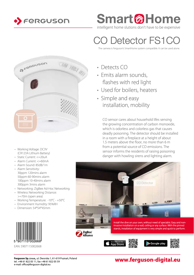 Page n°1 - Fiche technique Ferguson SmartHome CO Detector FS1CO