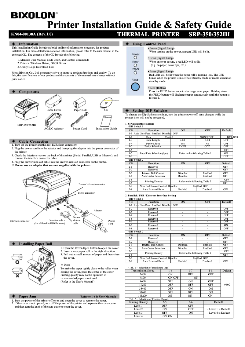 Page n°1 - Guide d'installation Bixolon SRP-350III