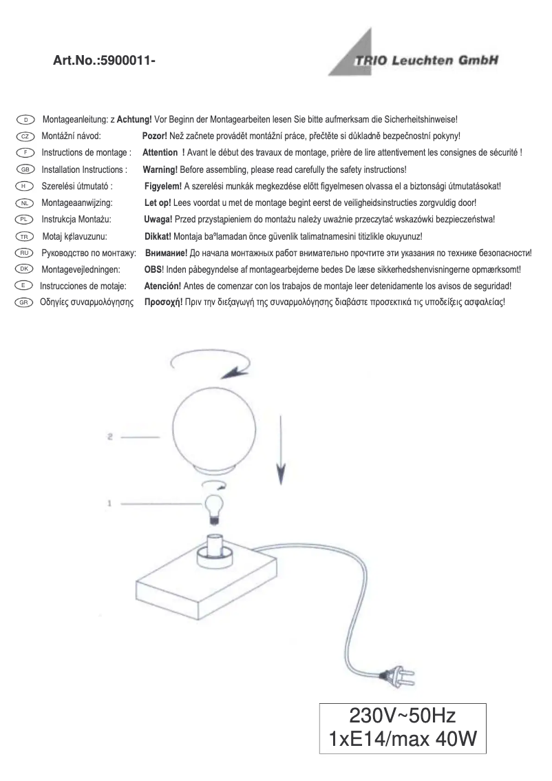 Page 1 de la notice Manuel utilisateur Trio Lighting Till