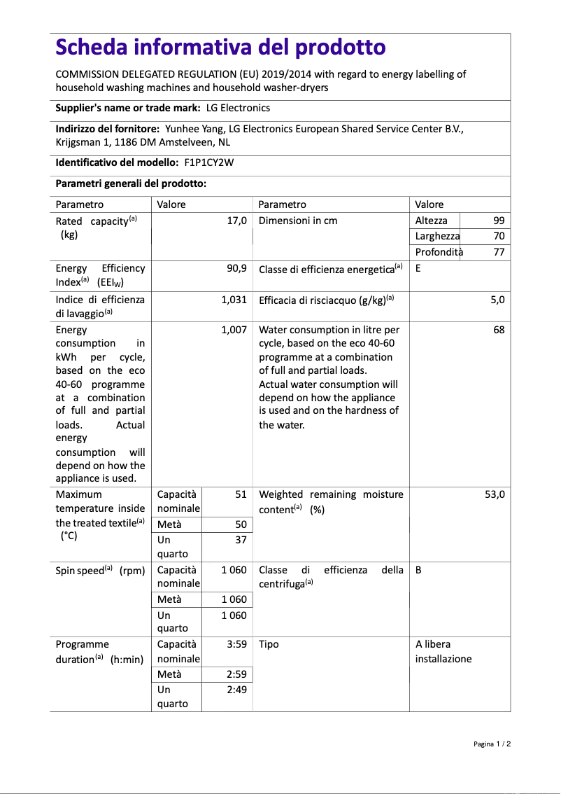Page n°1 - Manuel utilisateur LG F1P1CY2W