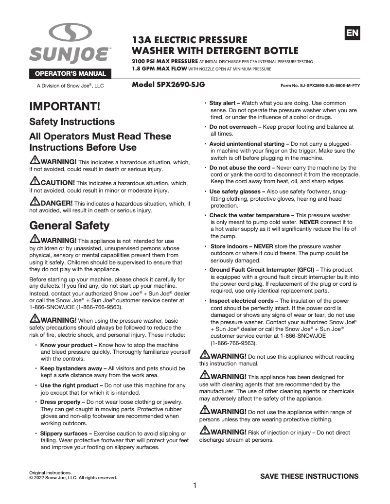 Page 1 de la notice Manuel utilisateur Sun Joe SPX2690-SJG