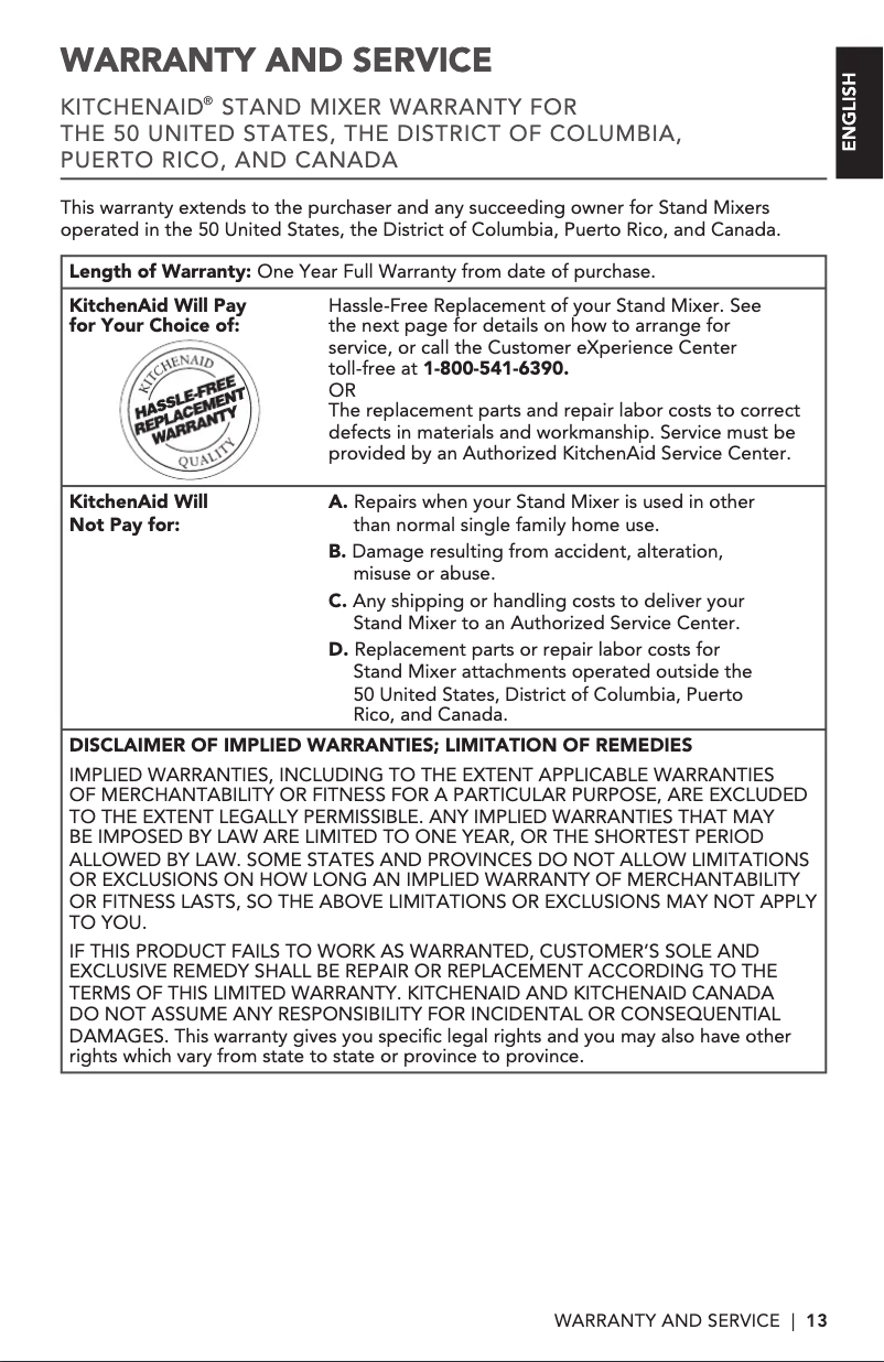 Page 1 de la notice Informations de garantie KitchenAid KSM3311XIC