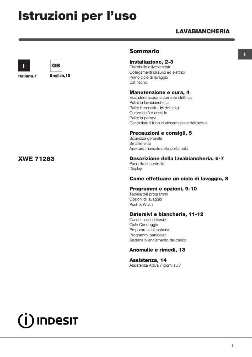 Page 1 de la notice Manuel utilisateur Indesit XWE 71283X WWGG