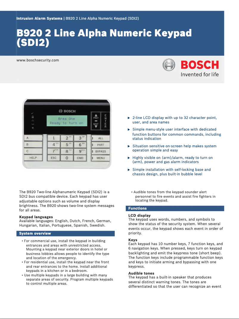 Page 1 de la notice Manuel utilisateur Bosch B920