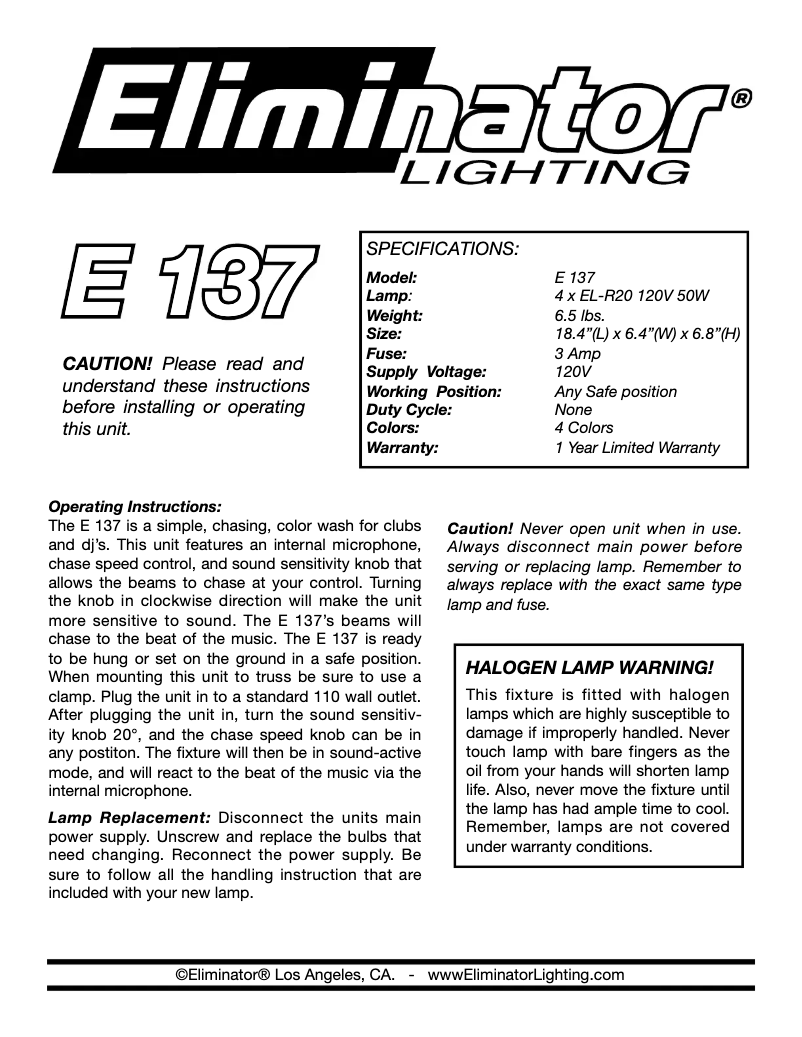 Page n°1 - Manuel utilisateur Eliminator Lighting E137
