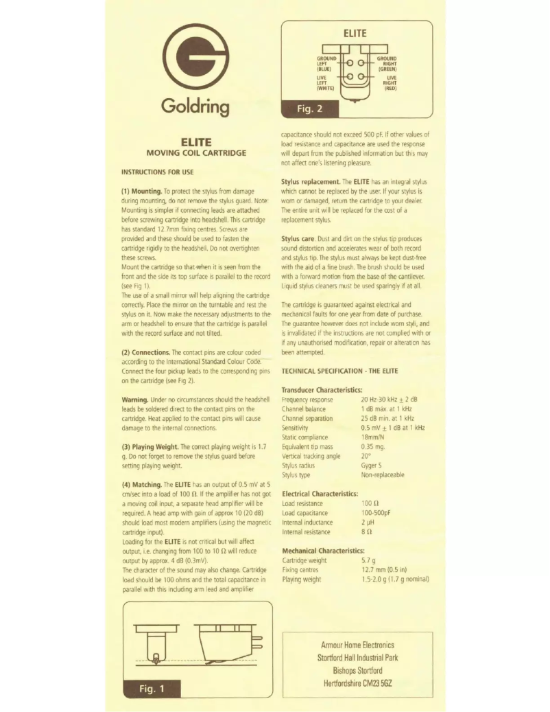 Page 1 de la notice Manuel utilisateur Goldring Elite