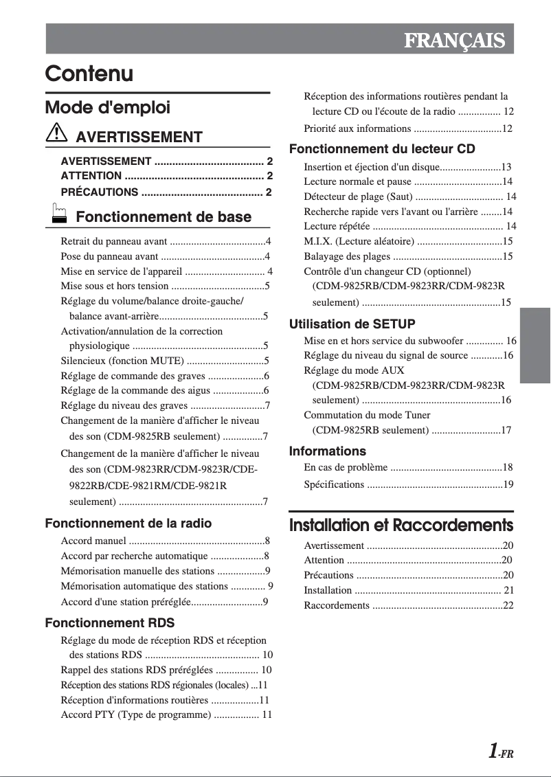 Image de la première page du manuel de l'appareil CDE-9821RM