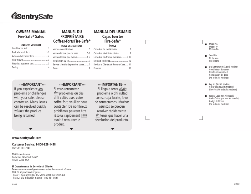 Page n°1 - Manuel utilisateur SentrySafe OA3810