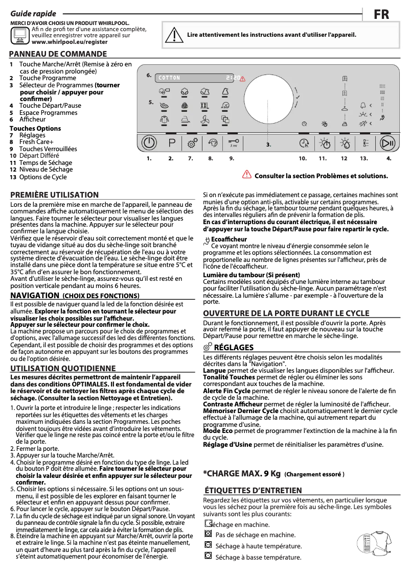 Page 1 de la notice Manuel utilisateur Whirlpool AWZ 9HPS/PRO