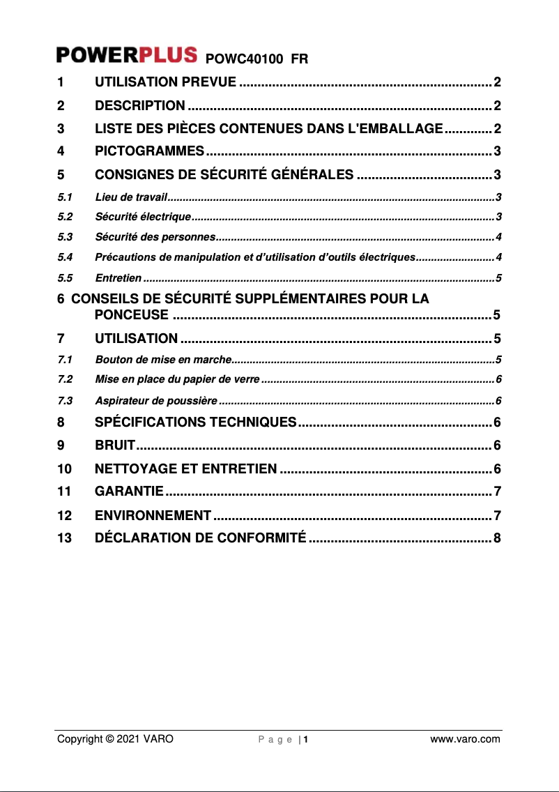 Page 1 de la notice Manuel utilisateur PowerPlus POWC40100