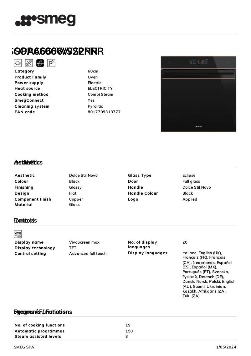 Page n°1 - Fiche technique Smeg SOPA6606WS2PNR
