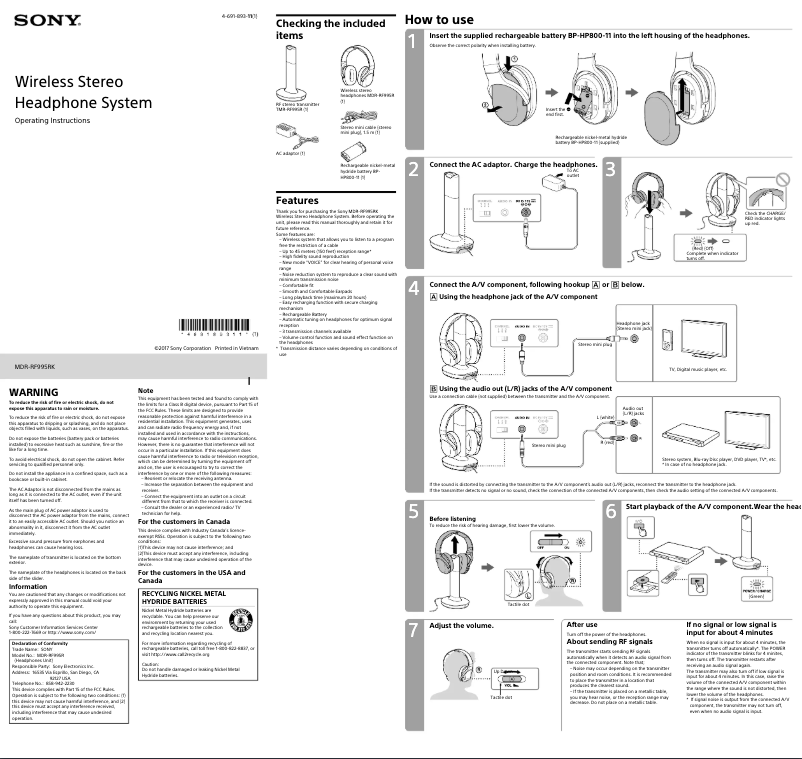 Page n°1 - Manuel utilisateur Sony MDR-RF995RK
