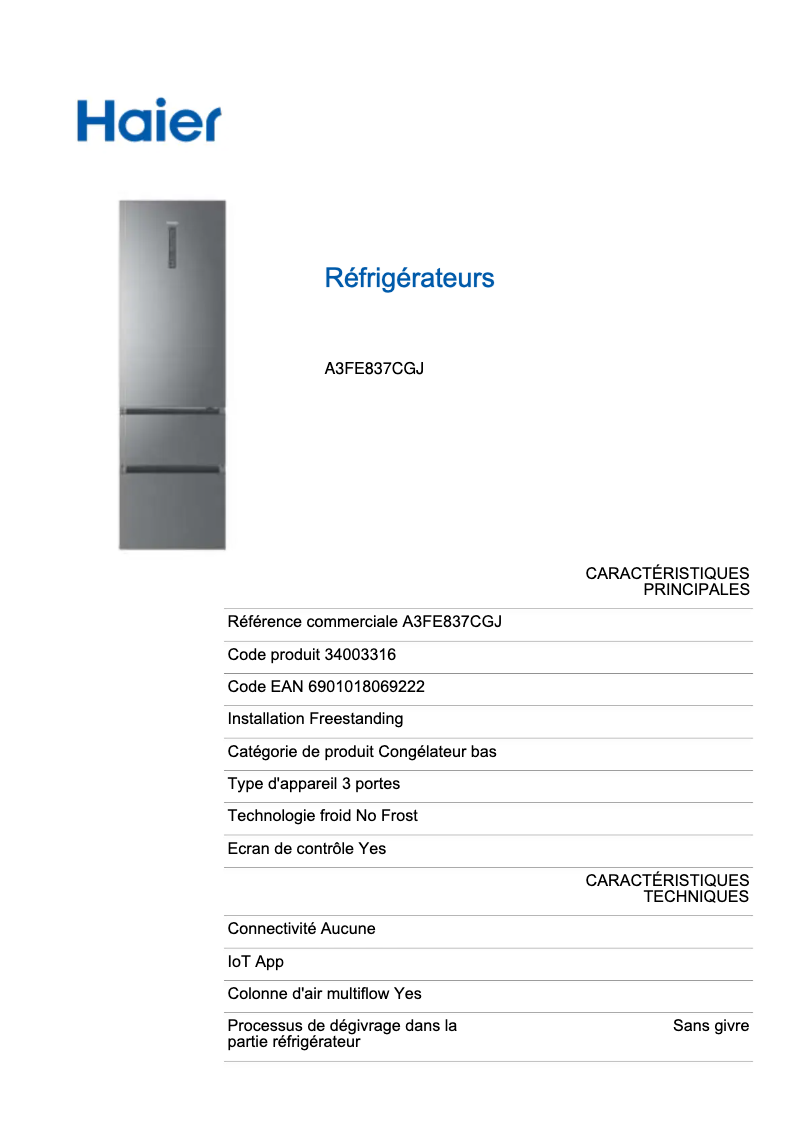 Page n°1 - Fiche technique Haier A3FE837CGJ