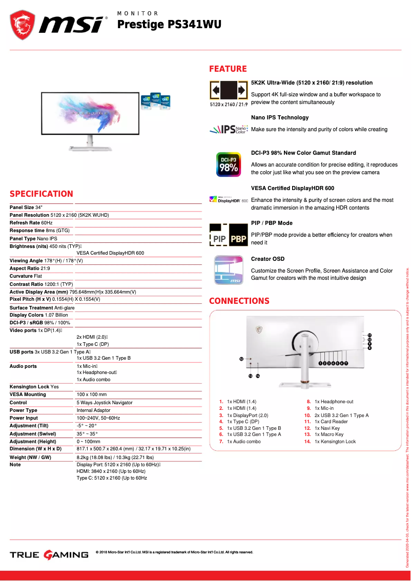 Imagen de la primera página del manual del dispositivo Prestige PS341WU