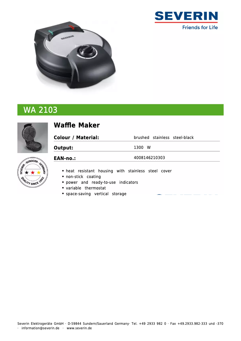 Page 1 de la notice Fiche technique Severin WA 2103