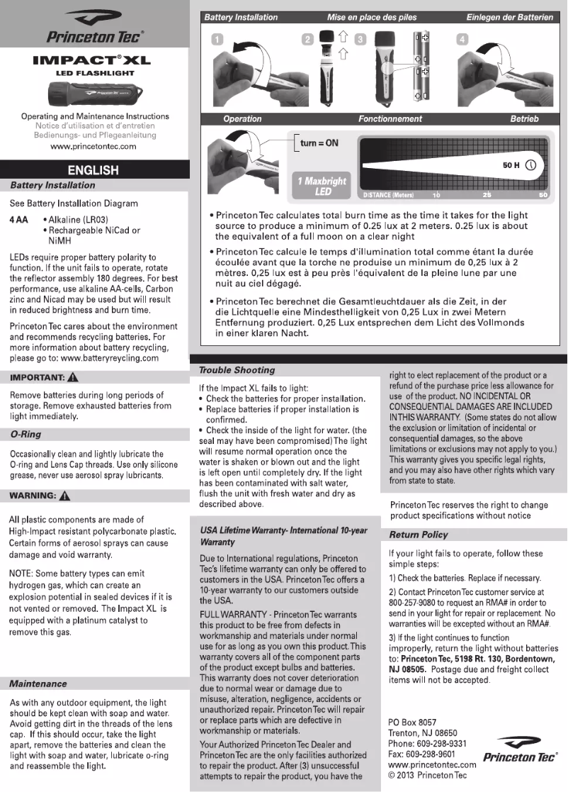 Page 1 de la notice Manuel utilisateur Princeton Tec Impact XL