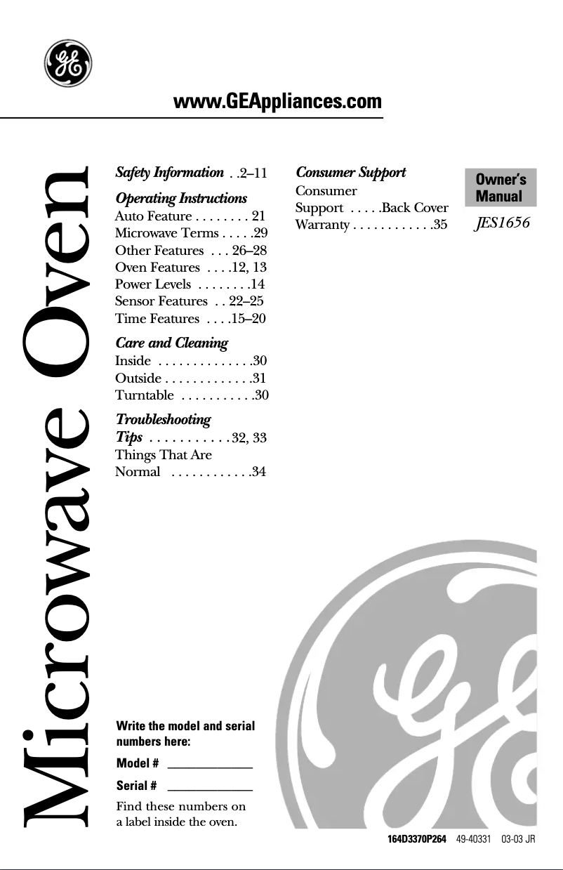 Page 1 de la notice Manuel utilisateur GE JES1656BH