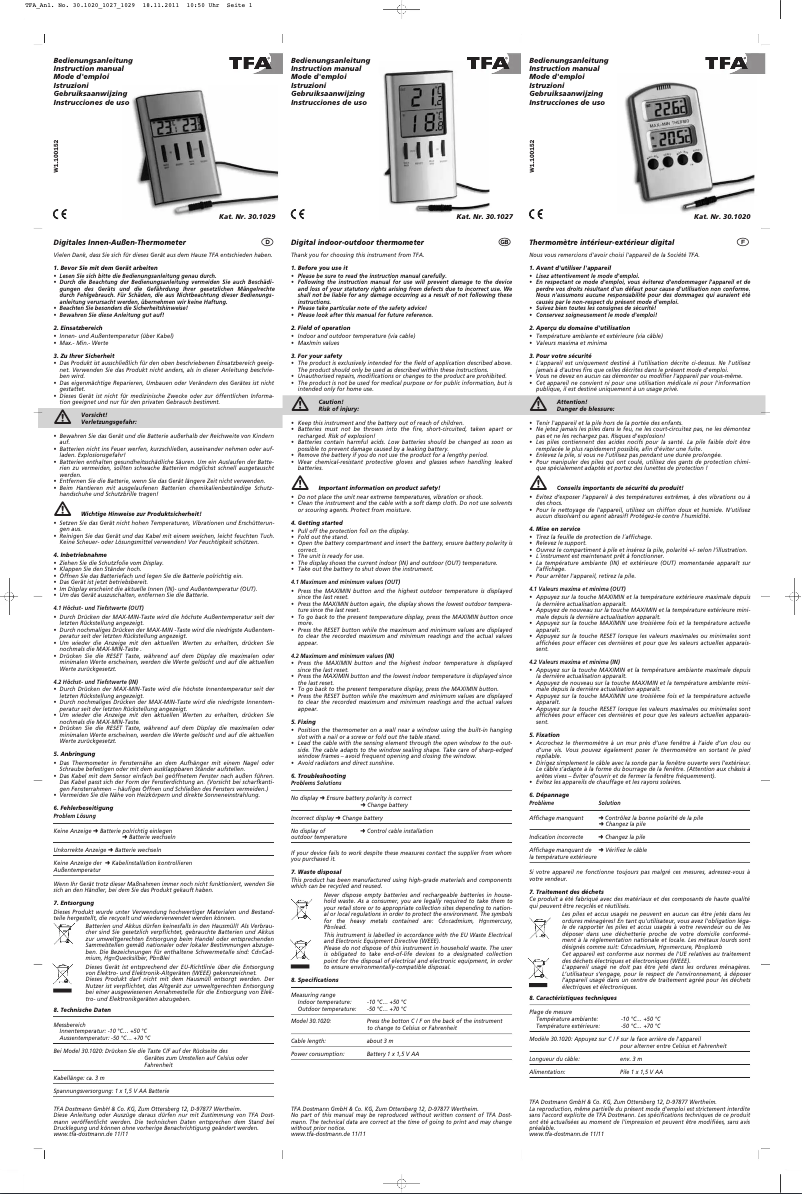 Page 1 de la notice Manuel utilisateur TFA 30.1027