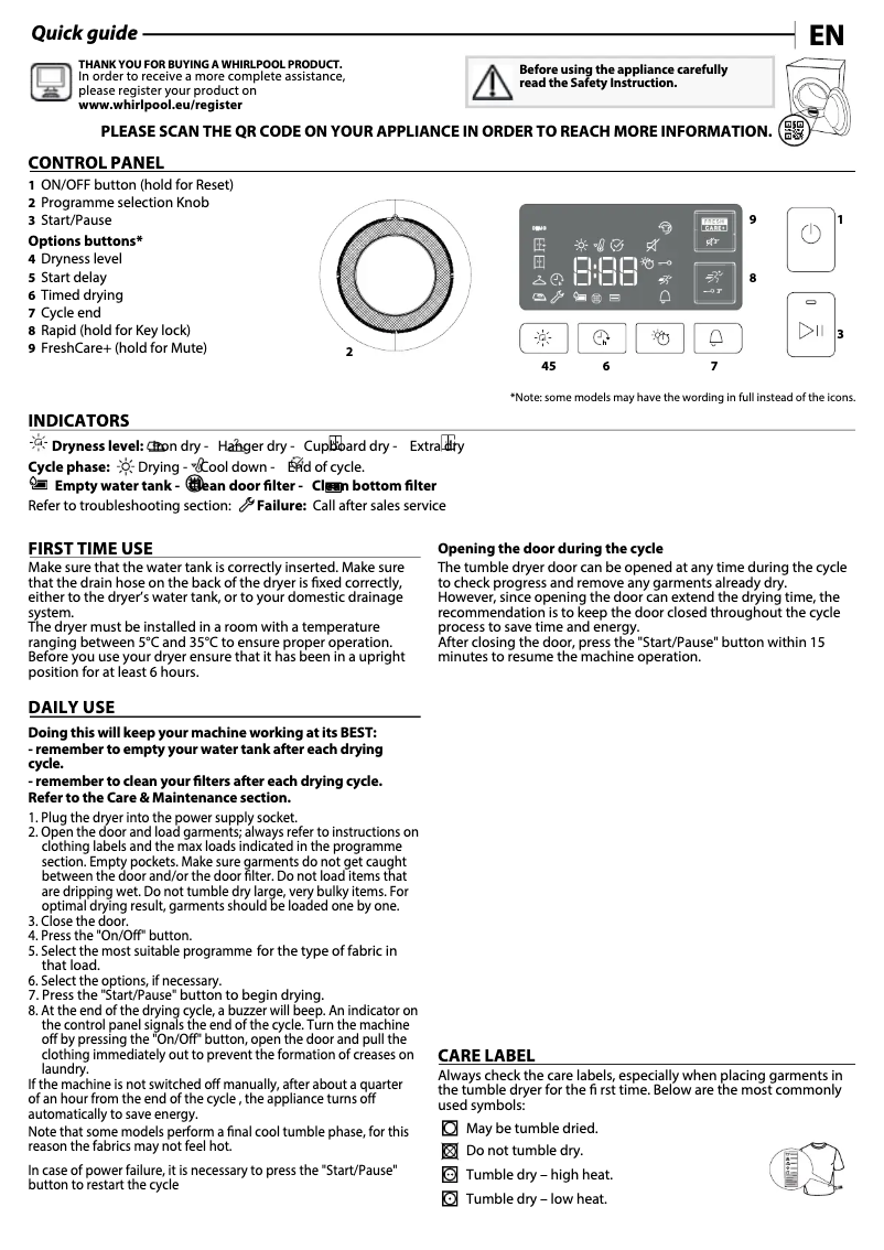Página 1 del manual Manual de uso y mantenimiento Whirlpool FFT M11 82 BE