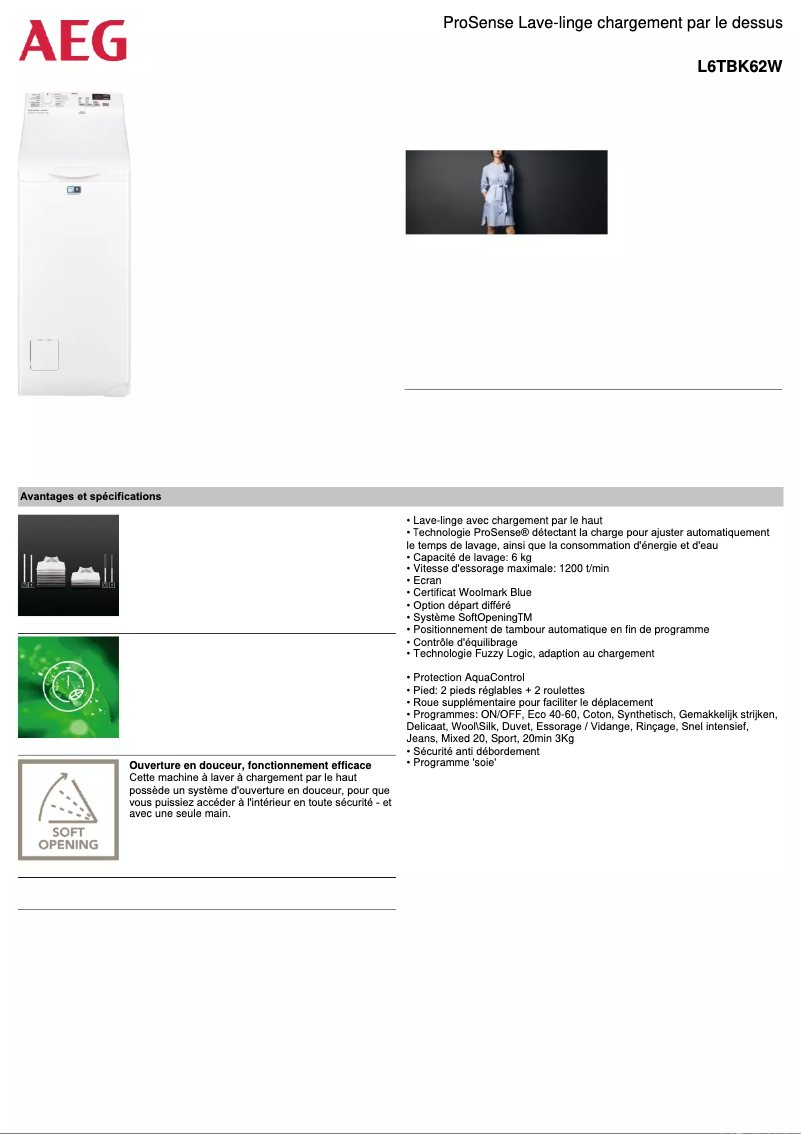 Page n°1 - Fiche technique AEG L6TBK62W