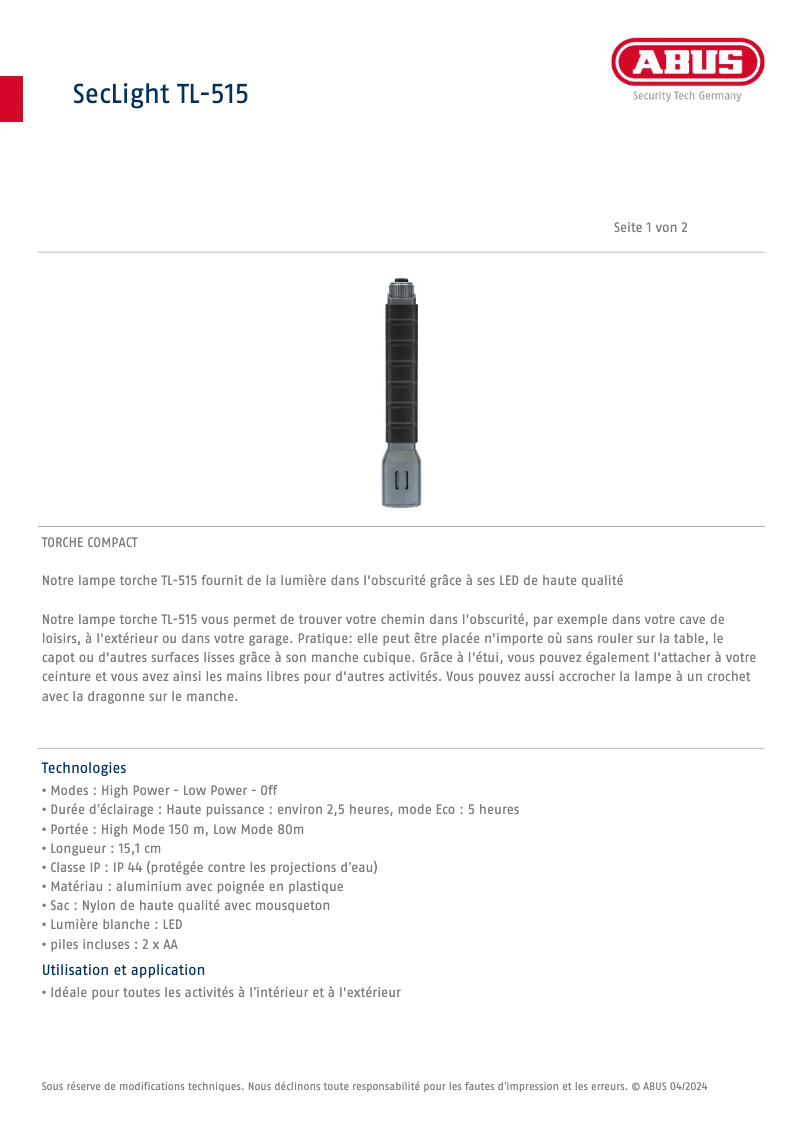 Page n°1 - Fiche technique Abus TL-515