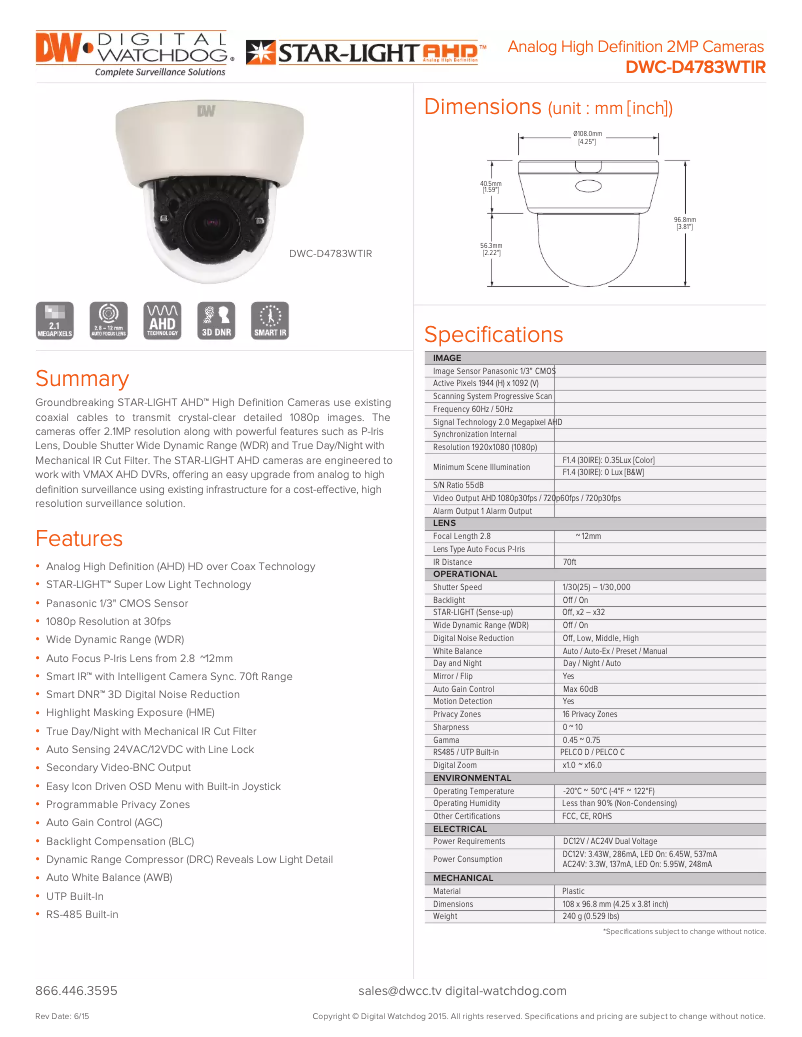 Page n°1 - Manuel utilisateur Digital Watchdog STAR-LIGHT AHD DWC-D4783WTIR