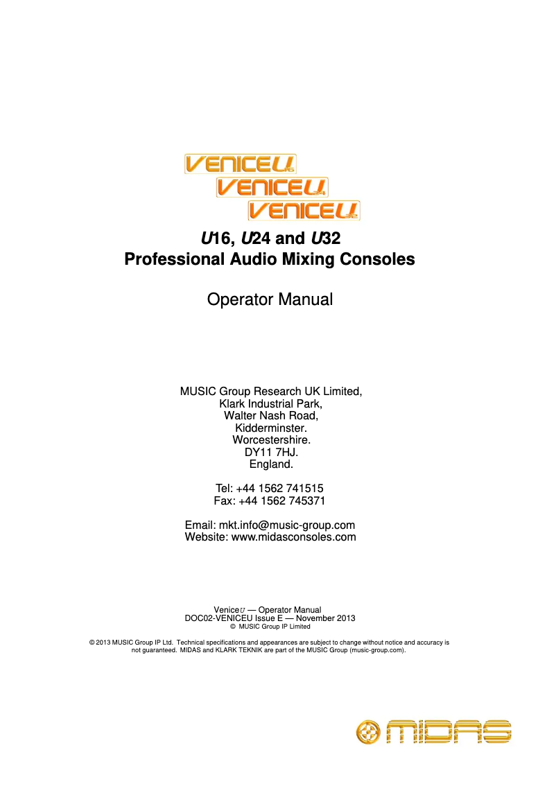 Page 1 de la notice Manuel utilisateur Midas Venice U16