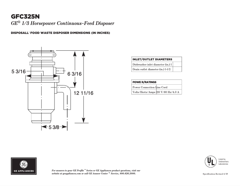 Page 1 de la notice Fiche technique GE GFC325N