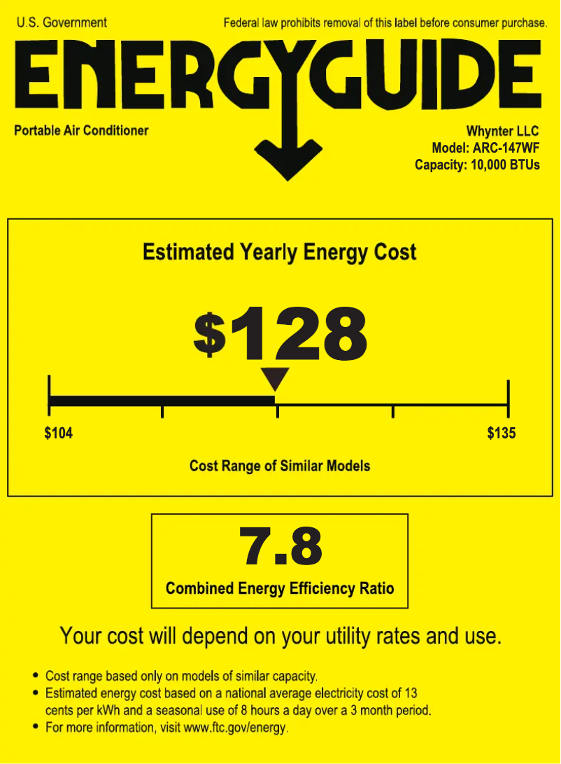 Page 1 de la notice Label énergétique Whynter ARC-147WF