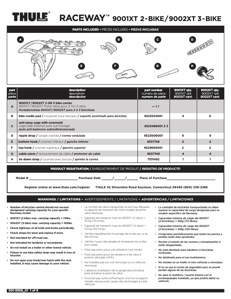 Page 1 de la notice Manuel utilisateur Thule Raceway 9002XT