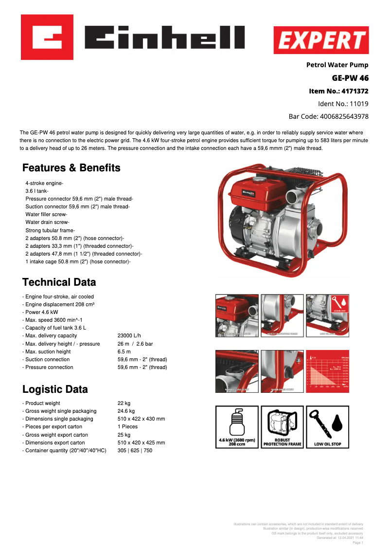 Page n°1 - Fiche technique Einhell GE-PW 46