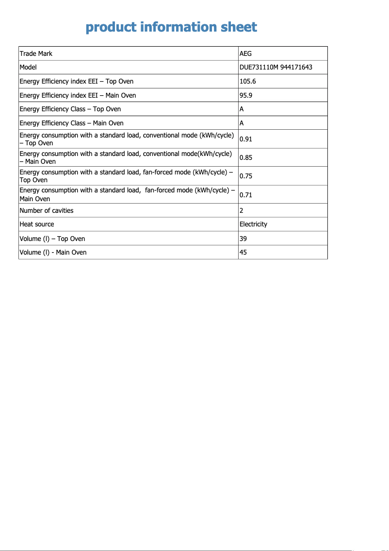 Page 1 de la notice Fiche technique AEG DUE731110M