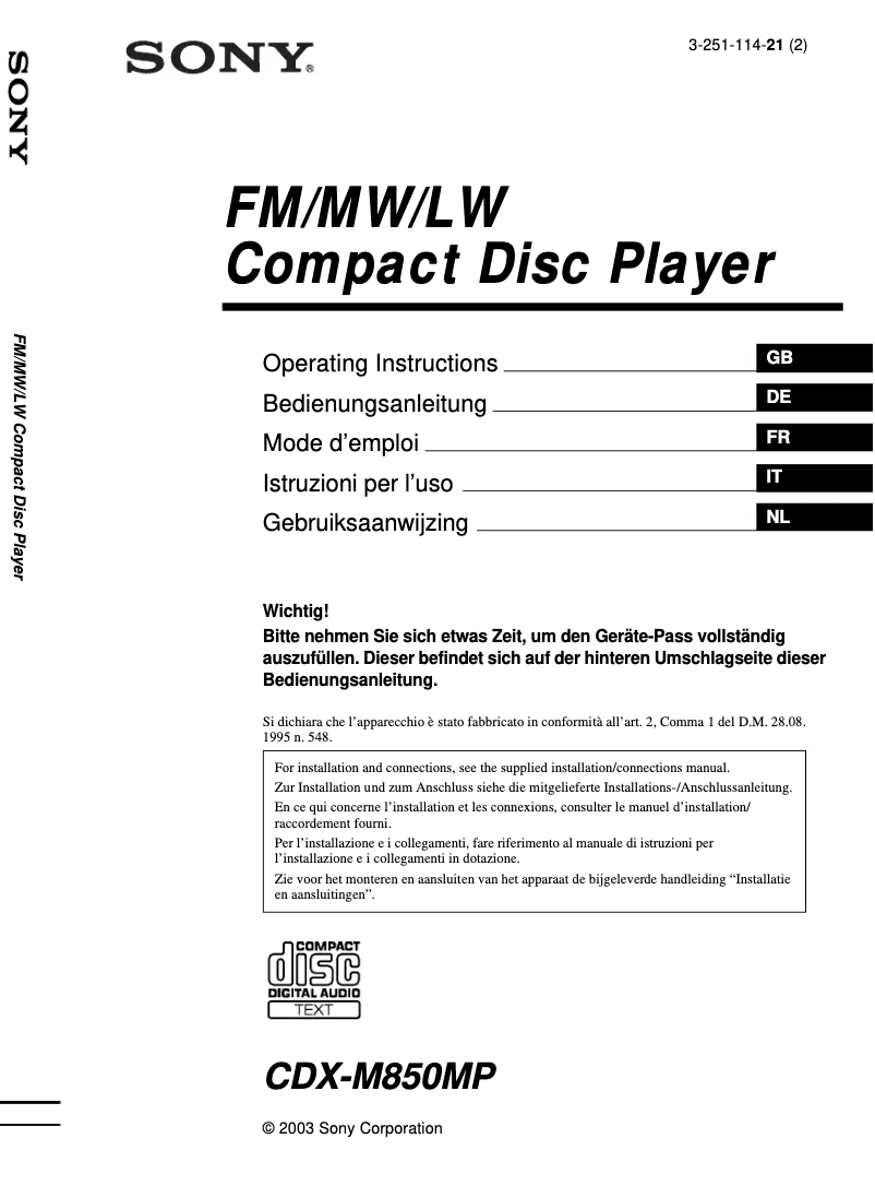 Image de la première page du manuel de l'appareil CDX-M850MP