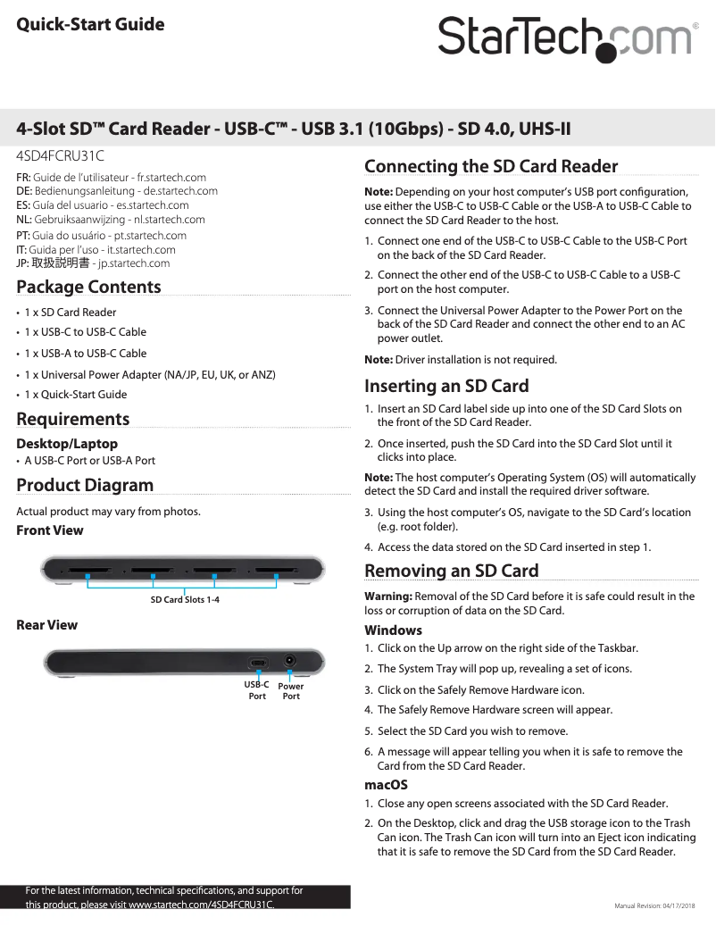 Page n°1 - Manuel utilisateur StarTech.com 4SD4FCRU31C