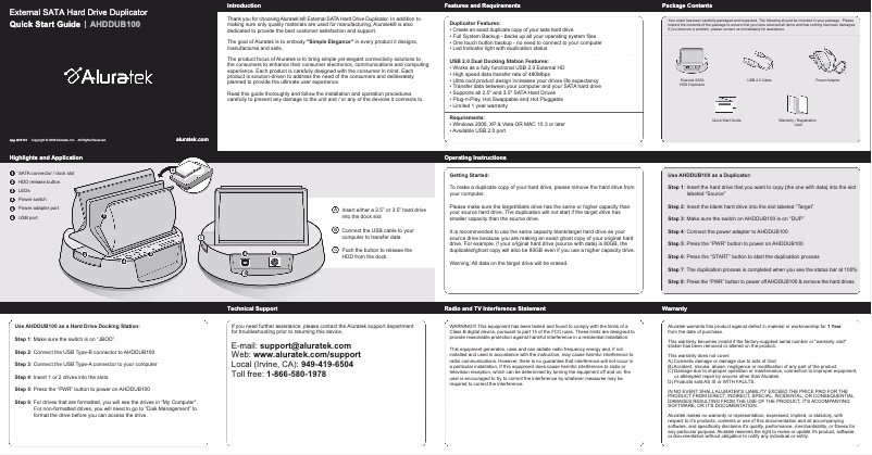 Page n°1 - Manuel utilisateur Aluratek AHDDUB100